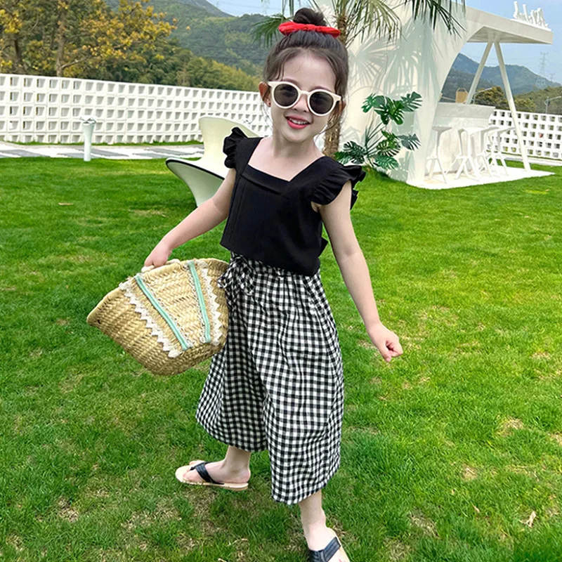 RAISE Sommer Kinder 2-teiliges Kleidungsset Mädchen Quadratischer Kragen Rückenfreies Oberteil Anzug 1-6 Jahre Baby Mädchen Dünne Karierte Gerade Hose Outfit