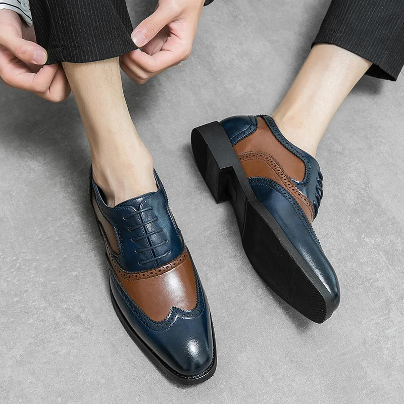 European Station Fashion Block Shoes Men Pointed Lace up Business Office Dress Shoes Banquet Wedding Size 38-48 Men