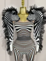 Women Zebra Stripes Long Sleeve Bodycon Jumpsuit Two Piece Set Birthday Party Nightclub Stage Performance Festival Rompers - Image 5