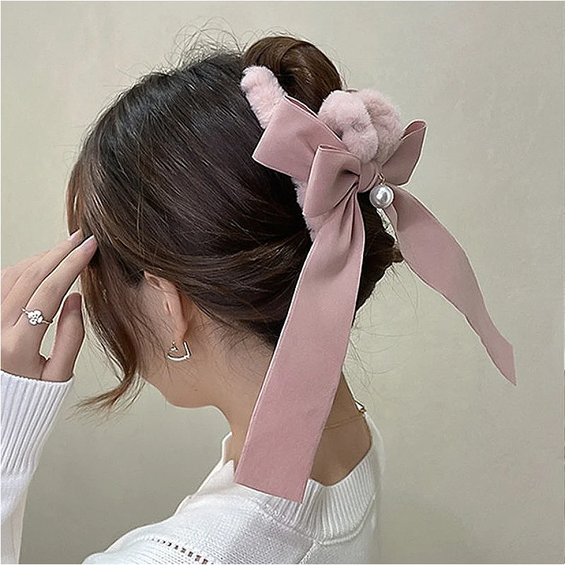 Korean Autumn Winter Velvet Hair Claw with Bow and Ribbon Decoration Pearl  Clips for Women Pinces A Barette Cheveux Femme