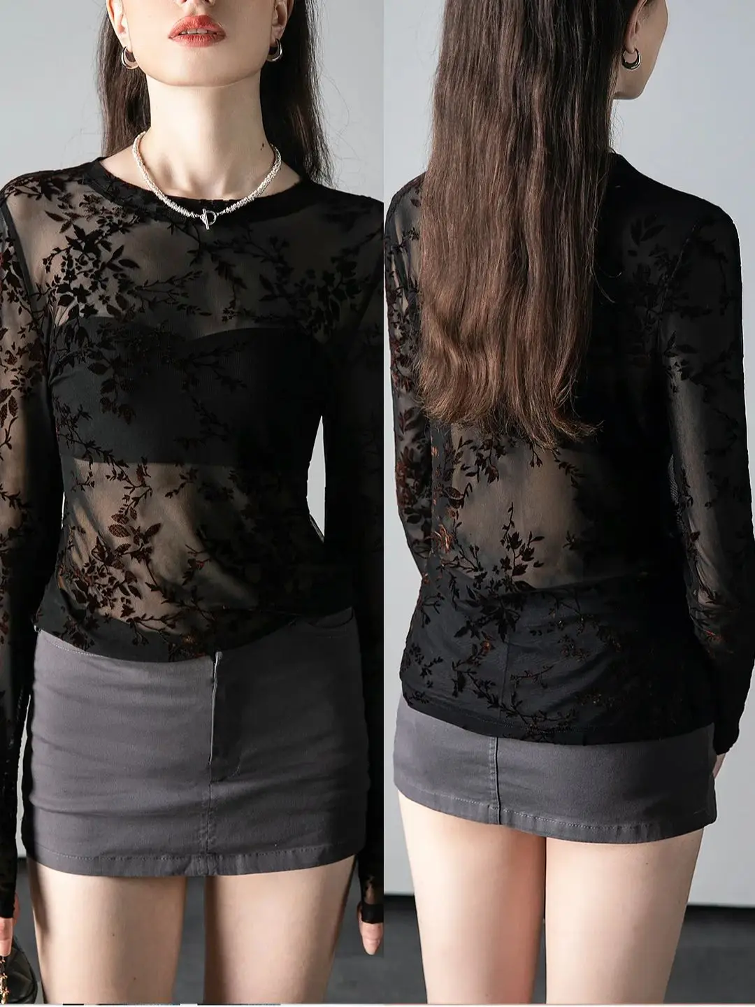 Autumn Round Neck Long Sleeve T-shirt Women's Fashion Slim Fit Fashion Trend See Throught T Shirts Flocking Flowers Tees 4