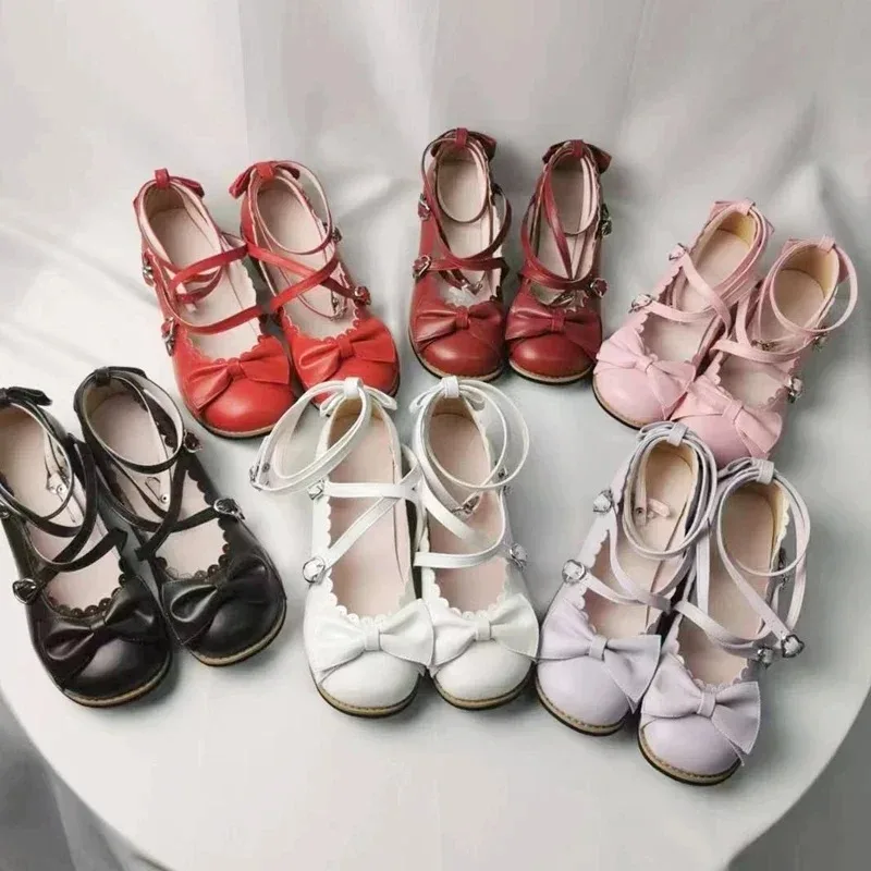 HoneyCherry Lolita Shoes Princess Shoes Students Lovely Women Flats Low Round Cross Straps Bow women shoes women flats
