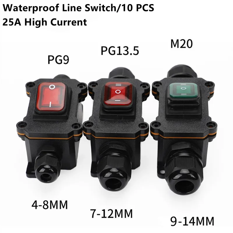 

(10 PCS) IP65 Waterproof 25A Heavy Duty Large Current Inline Cable On/Off Switch Max AC3~220V LED Indicator Dustproof Oil Proof