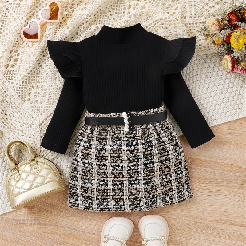 

BeQeuewll Kids Girls Skirt Set Long Sleeve Semi-high Collar T-shirt with Skirt and Belt Fall Outfit Elegant dress