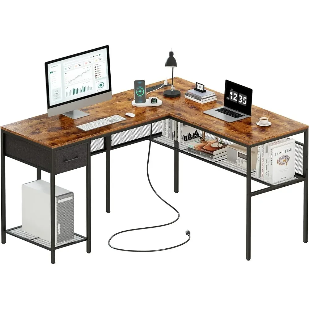 

OEING L Shaped Desk, Computer Desk with Drawer, Reversible Corner Desk with Grid Storage Bookshelf, Home Office Desk