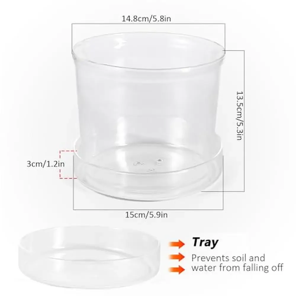 Glass Planter Pot Set Clear Plant Container with Tray Modern Indoor Outdoor Decor Drainage Holes & Saucer Included