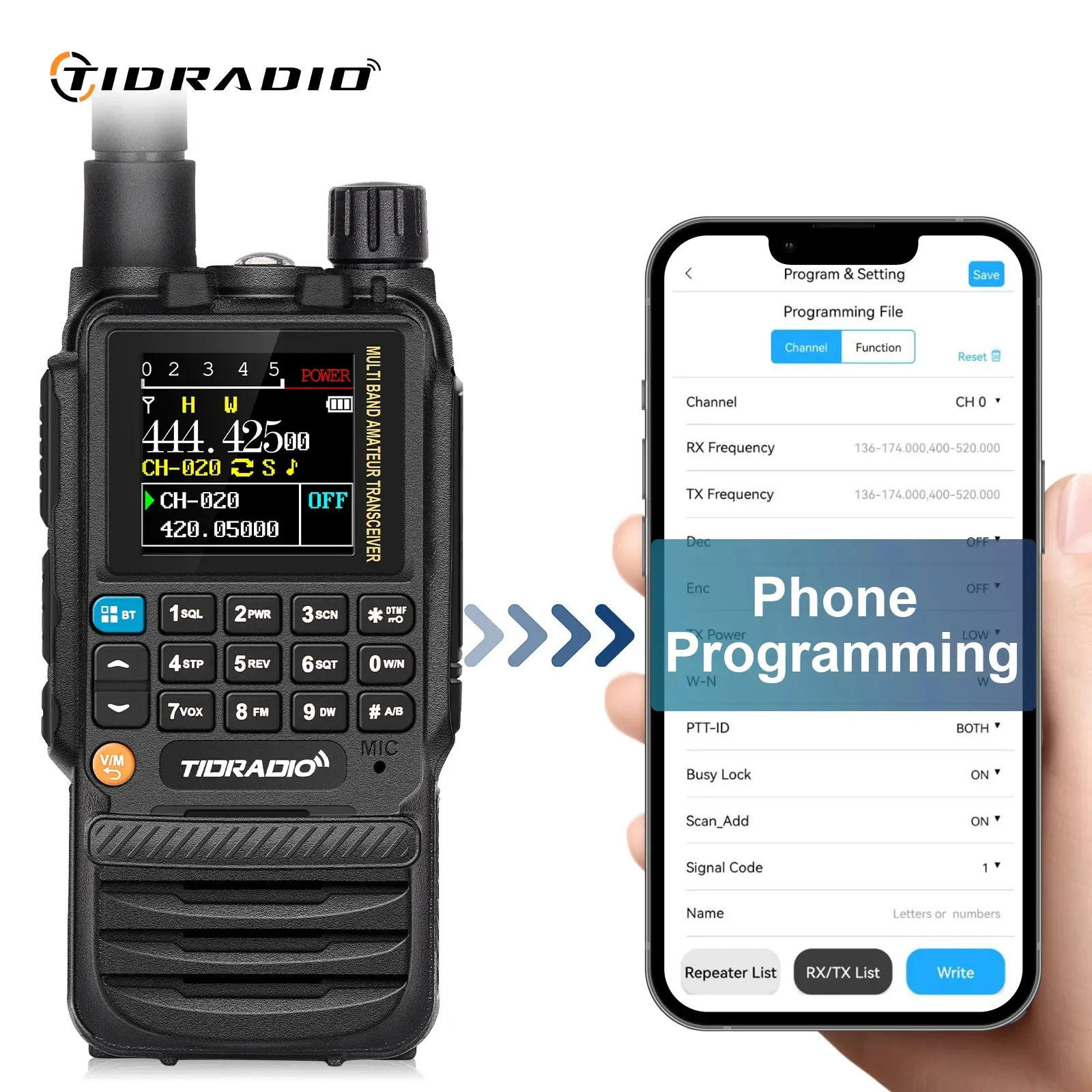 TIDRADIO-Long Range Walkie Talkie, Phone APP, Programação Sem Fio, Air Band, Rádio Caminho Reboque, USB Tipo-C Carga, Rádio H3