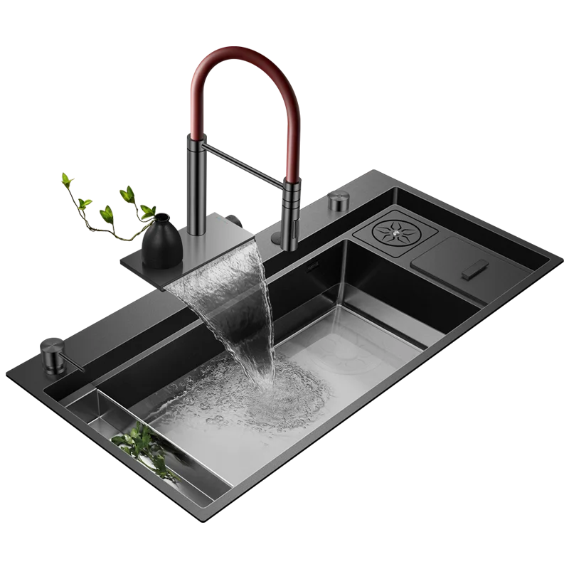 ASRAS kitchen sink, large single sink, right side drainage, high-pressure cup washing device, gray black sink, waterfall sink 5
