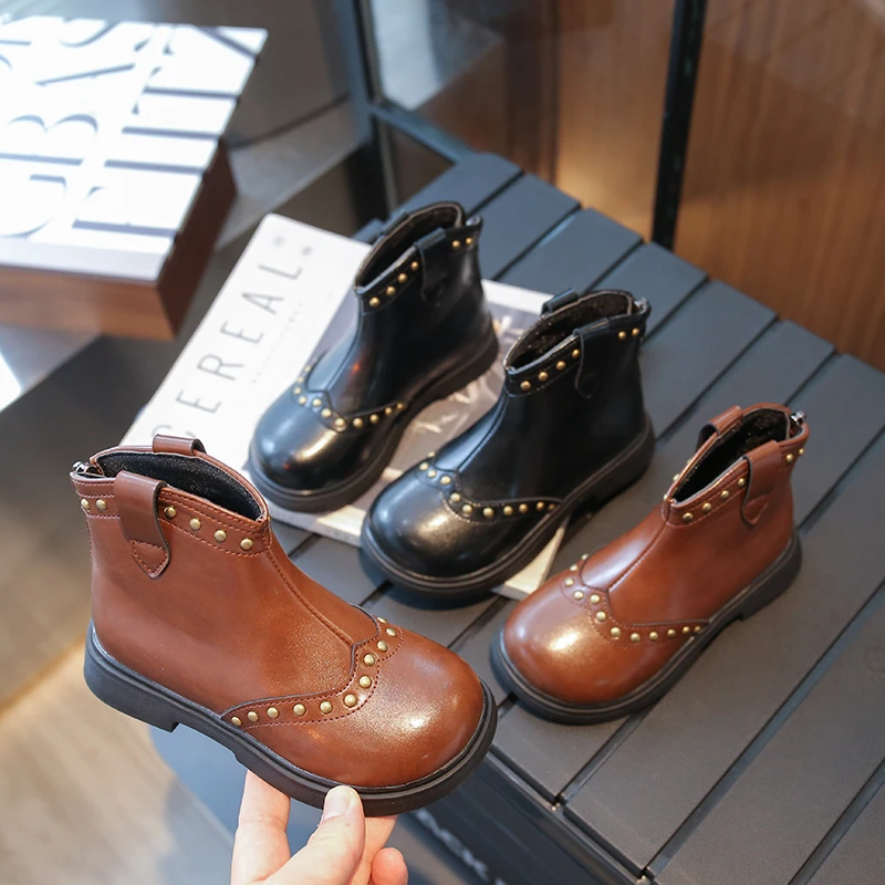 Kids PU Ankle Boots with Rivets for Boys and Girls