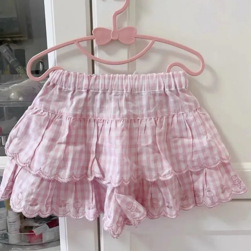 DEEPTOWN Pink Kawaii Skirt Women Japaneae Fashion Elastic Waist A-line Embroidery Cute Plaid Mini Skirt Summer Soft Girl
