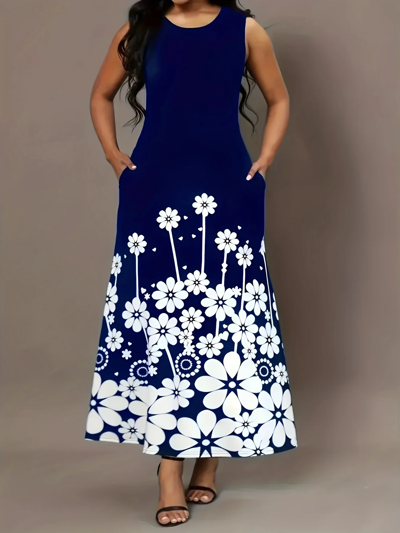 فستان نسائي مطبوع بلا أكمام ، مقاس كبير ، رقبة مست...