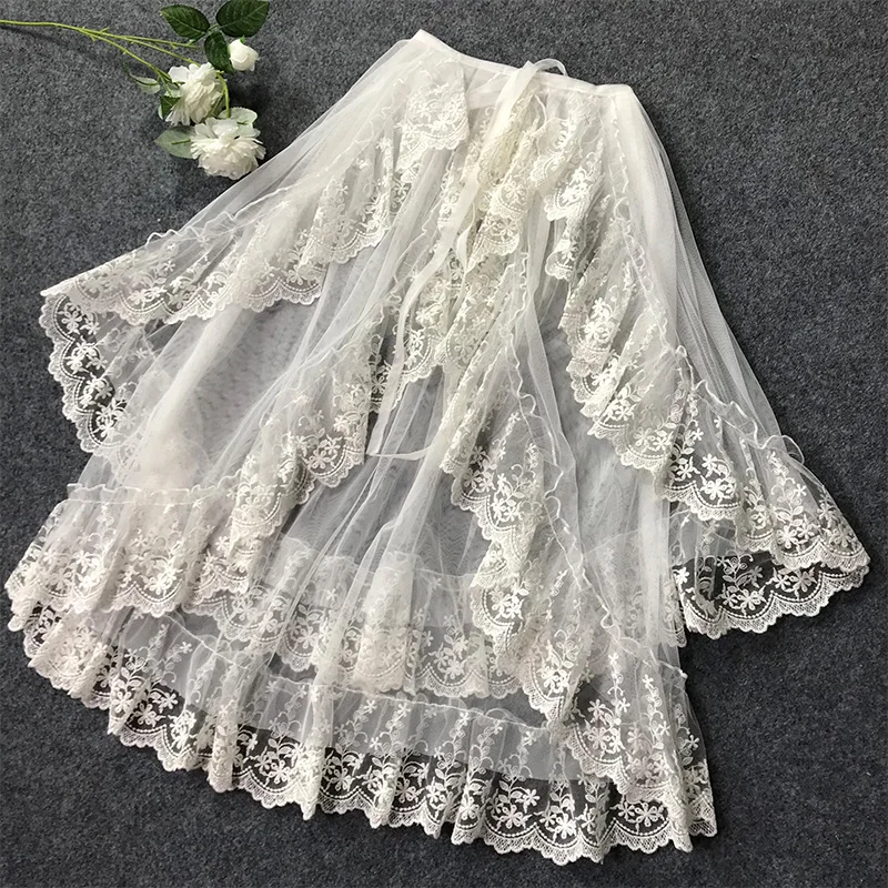 

Double Layered Lolita Apron Mesh Waist Curtain Vintage Overlay Skirt