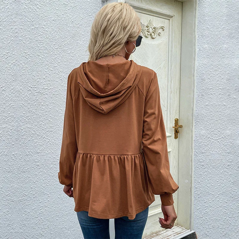 Women's Hooded Drawstring Sweatshirt Monochromatic Comfortable Casual Design Sense Vintage Clothes Streetwear