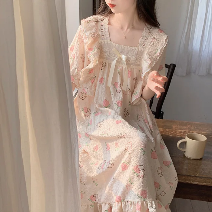 Summer New Nightgowns Ladies Pajamas Homewear Women Bubble Wrinkled Fabric Cute Loose Dresses Student Nightgowns Homewear
