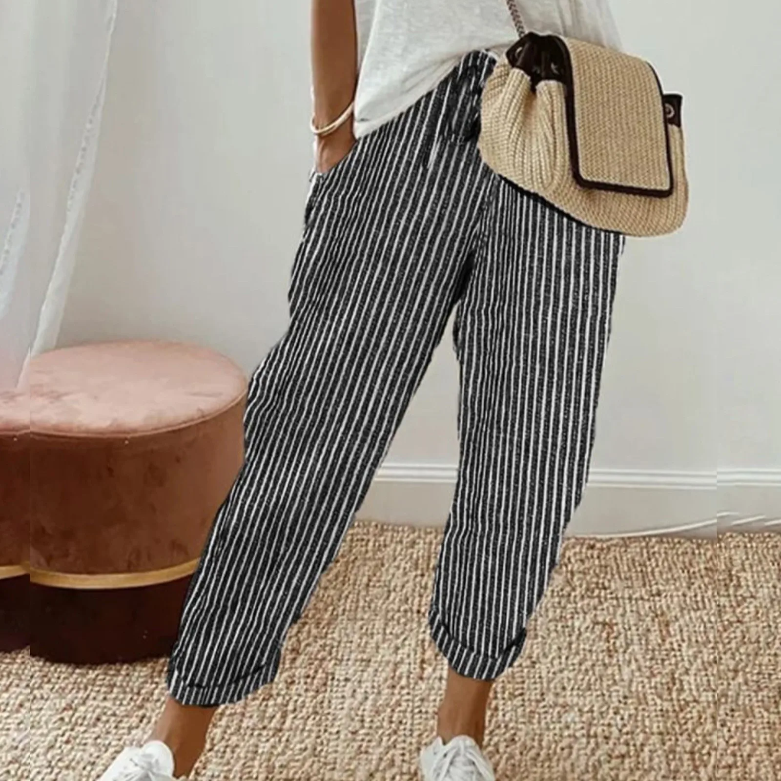 Casual Sports Pants Women's Elastic Waist Striped Casual Pants Loose Cotton And Linen Pants Size Tall Woman
