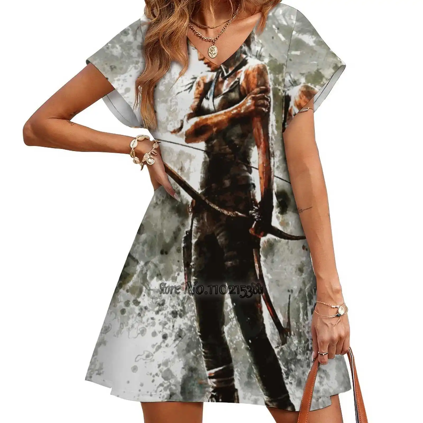 Tomb Raider Painting Design Print Dress Manica Corta Con Scollo A V Gonna Moda Gonne A Maniche Corte Sottili Rise Of The Tomb Raider Tomb