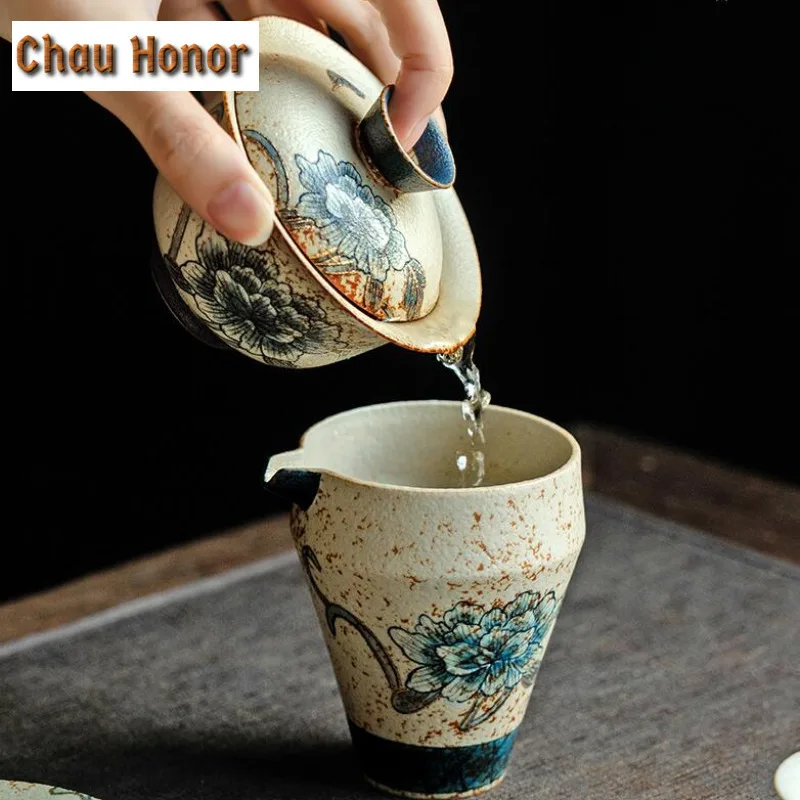 160ml Blue And White Flint Red Gaiwan Handmade Gold Drawing Peony Tea Tureen Tea Maker Cover Bowl Chinese Kung Fu Tea Set Craft