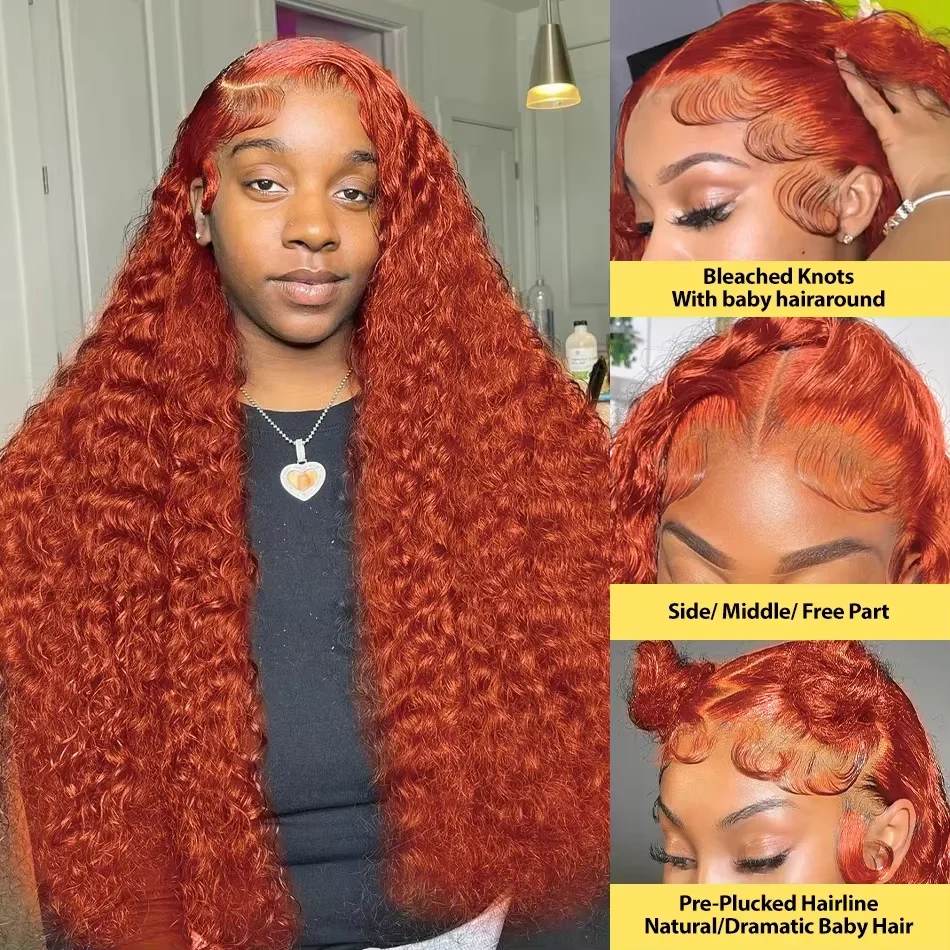 30 Inch Human Hair Wig Human Hair Extensions Lace Front Wig Human Hair Wigs Front Lace Wig Ginger Orange Water Wave 13x4 HD Lace Frontal Deep Wave 350 Colored HD Brazilian Lace Front Wig For Women