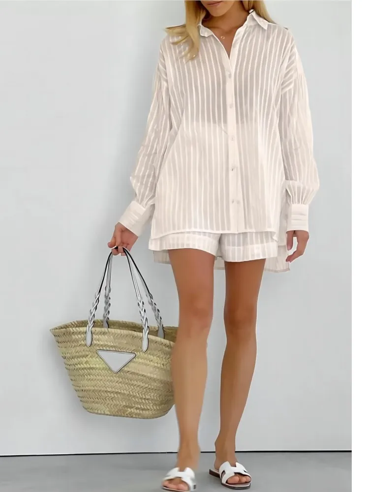2024 Spring Summer Solid Cotton Short Two Piece Set Women Stripe Long Sleeve Shirts Shorts 2 Piece Sets Simple Style Lady Suit 6