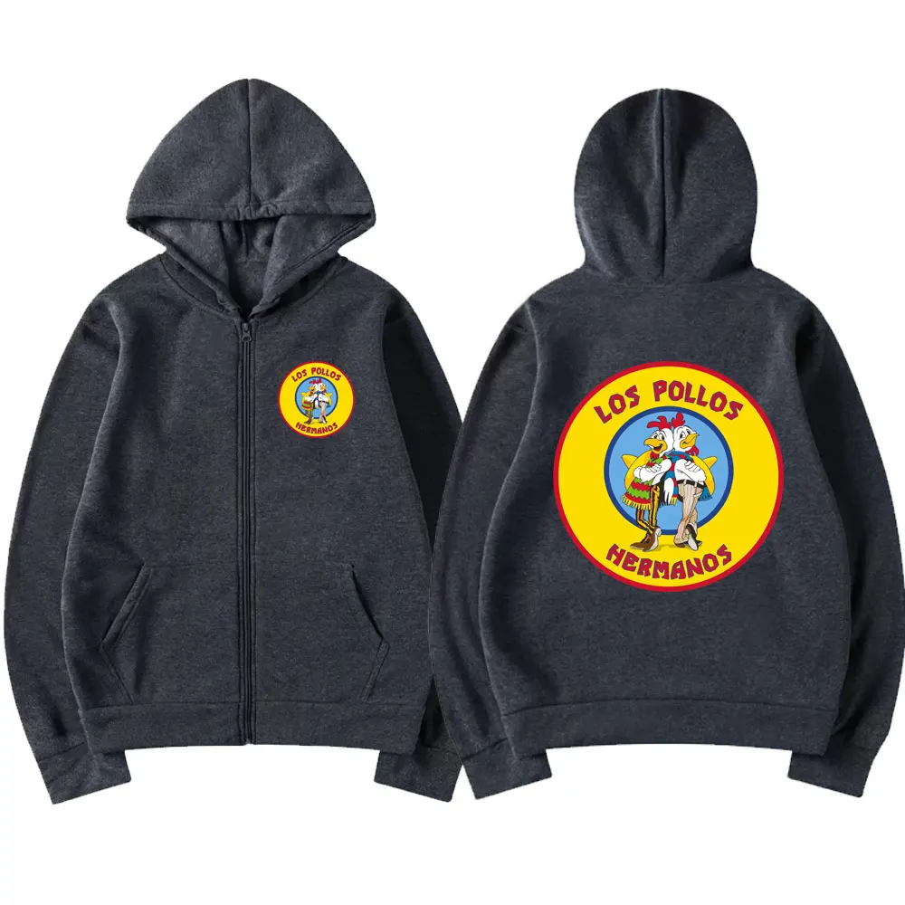Vintage Breaking Bad Los Pollos Hermanos Chicken Brothers Graphic Zipper Hoodies Men Casual Sweatshirt Male Loose Zip Up Jacket