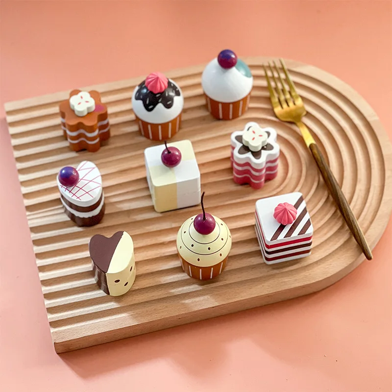 

9PCS Wooden Pretend Role Play Cake Dessert Toy Montessori Girl Play Kitchen Set Tea Party Game Cake Model Tower Storage Bag Food