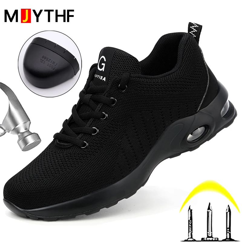

Black Safety Shoes Men Air Cushion Work Shoes Male Puncture-Proof Shoes Steel Toe Indestructible Footwear Light Work Sneakers