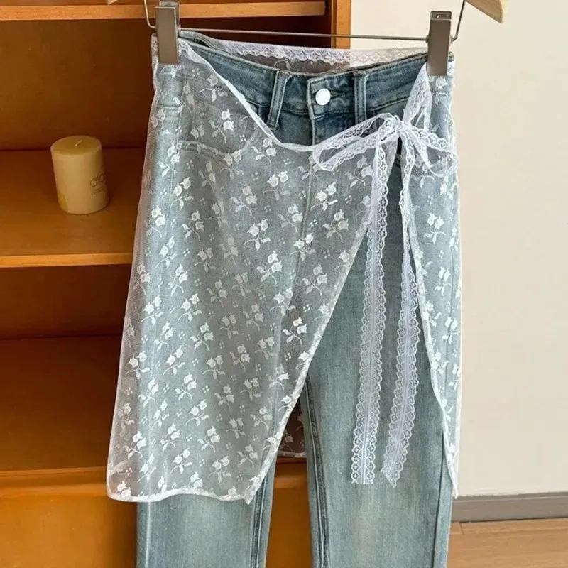 Korean Fashion Lace Irregular Skirt Curtain White Flowers Lace Mesh Halfbody Skirt Women Y2K Bottoms Jeans Decorative Hemline