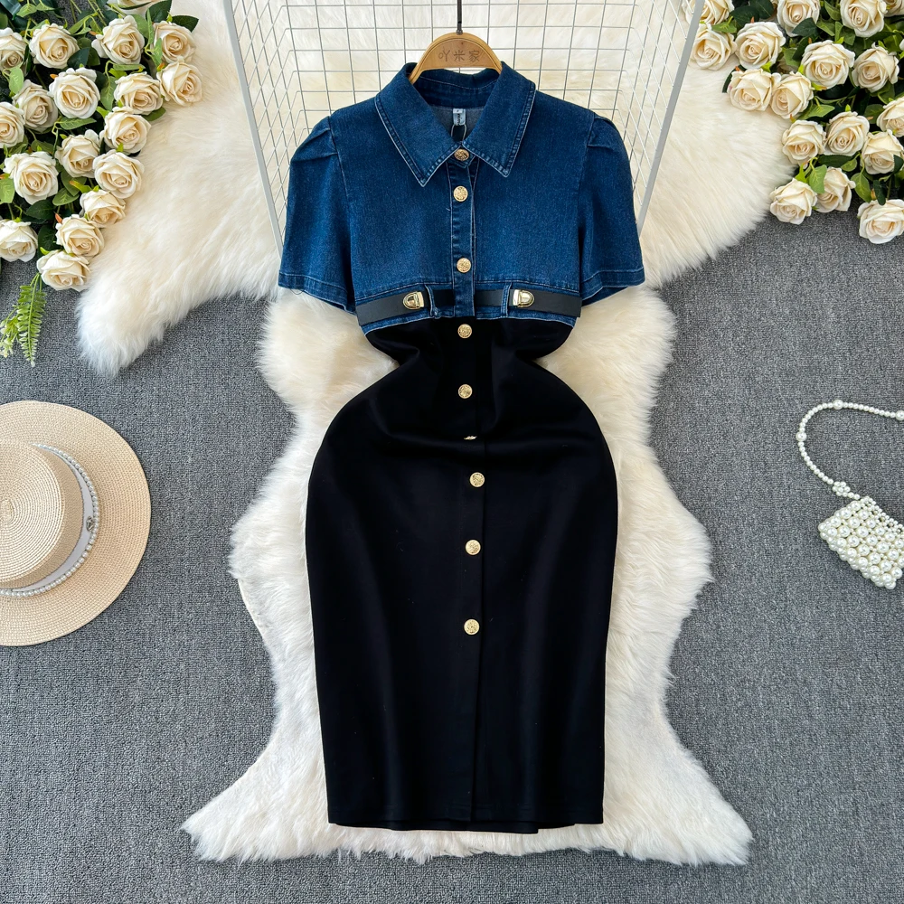 

Designer Patchwork Denim Dresses Short Sleeve Turn-down Collar Single-breasted Waist Slimming Splicing Jeans Shirt Dress
