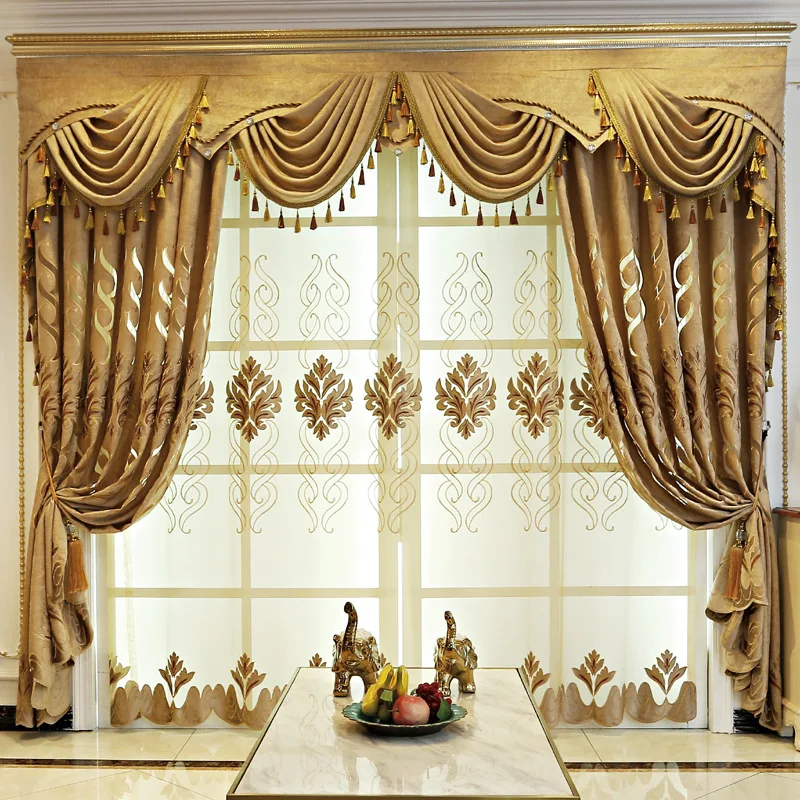 European Style Curtains for Living Dining Room Bedroom Luxury Jacquard Chenille Window Valance Embroidered Tulle Customization