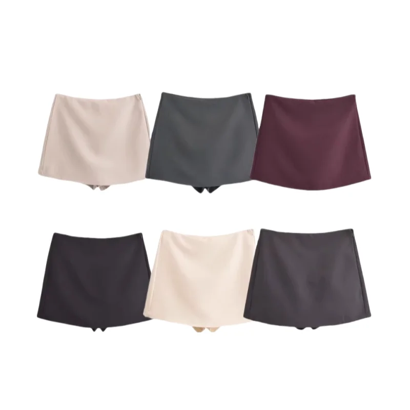 BSAY Shorts für Damen, modisch, Herbst und Winter, neu, bequem, lässig, einfarbig, seitlicher Reißverschluss, mittlere Taille, A-Linie, Culotte-Rock, Hose – Detail 2