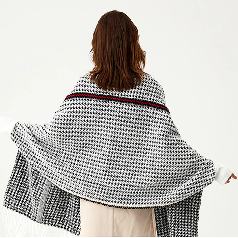 Imitation Mink Velvet Houndstooth Knitted Cloaks Women Warm Thick Big Pocket Capes Autumn Winter Plaid Coats Chic Travel Shawl