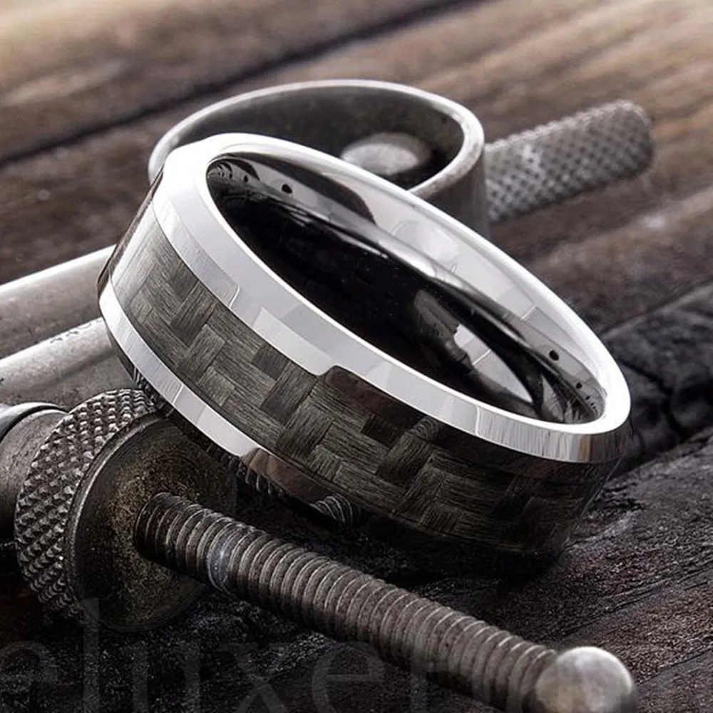 Wedding Rings Silver Ring Finger Rings Jewelry Rings Ring Jewelry 8MM Men's Tungsten Carbide Ring Inlay Black Carbon Fiber Size 6-13 For Mens Party