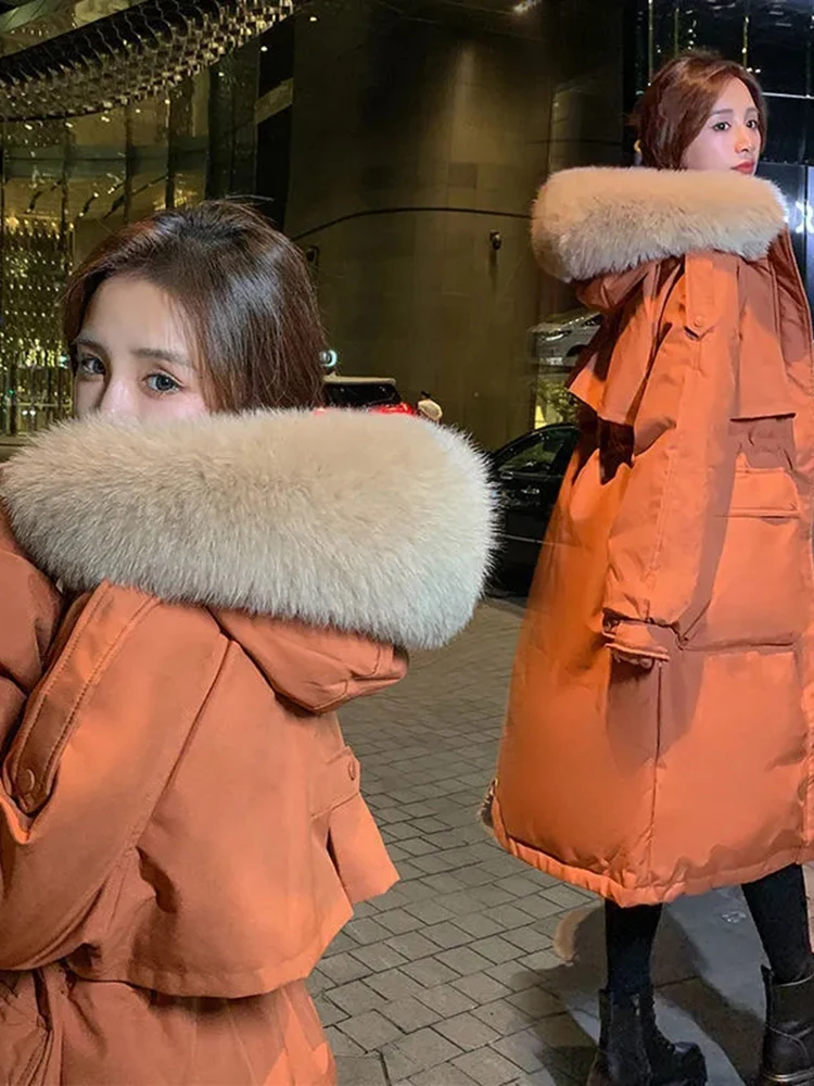 faux Fur Collar Hooded Long Parkas Chaquetas Cotton Winter Cold Padded  Overcoat Jaquetas Casual Warm Quilted New Abrigos 2023