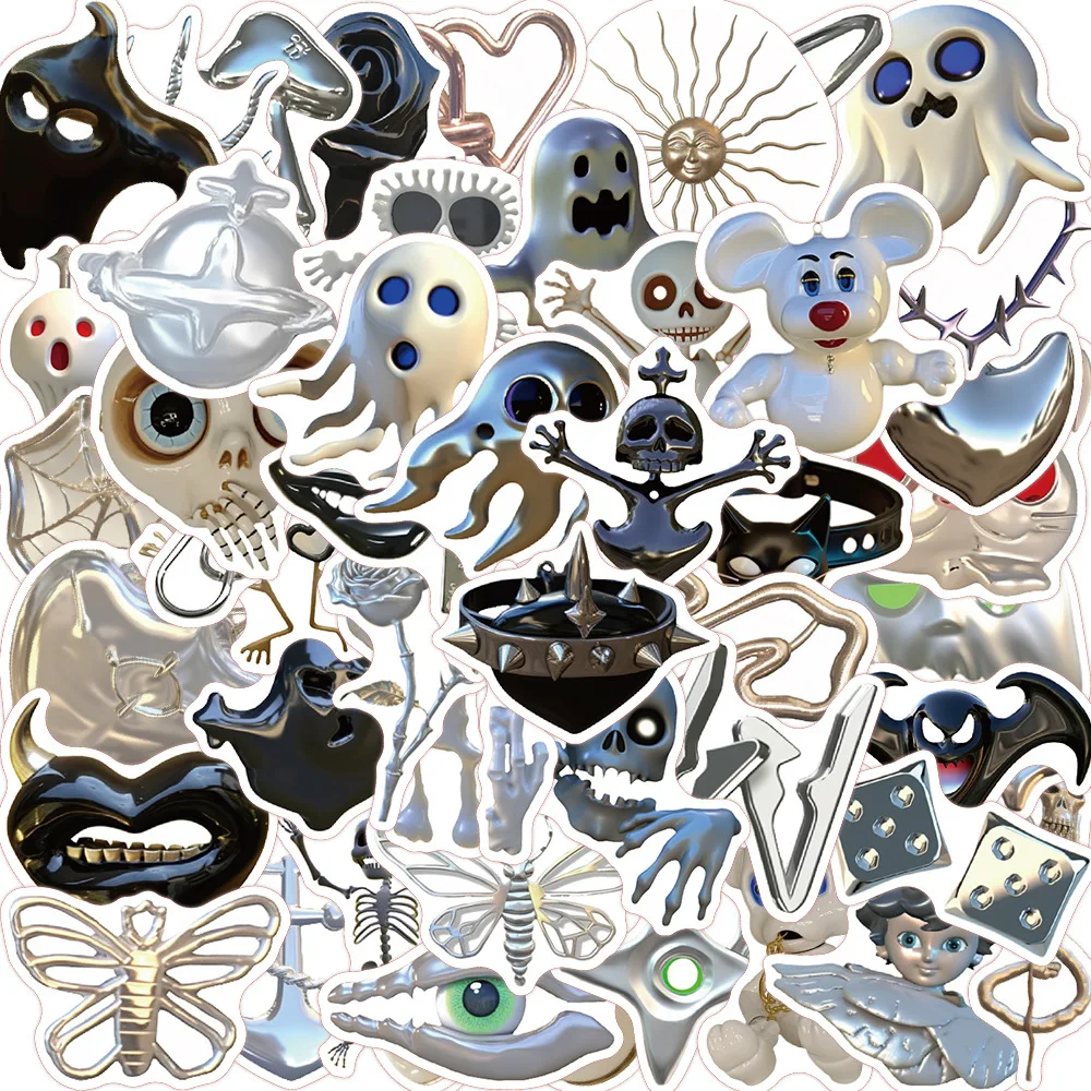 

10/30/50PCS Silver Terror Skull Halloween Sticker Aesthetic Waterproof Stickers Decoration Laptop Sketchbook Scrapbook Album