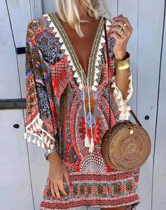 

Women's Vacation Casual Lace Patchwork Tie Detail Tassel Print Dress 2024 Summer Long Sleeve Fashion Loose Mini Dress for Women