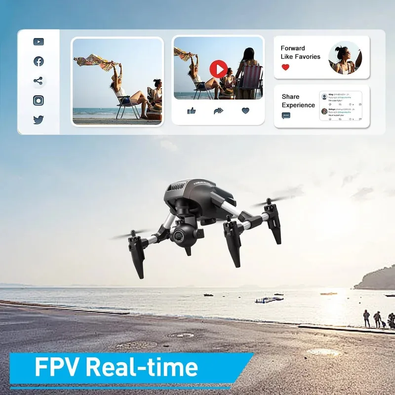 Drone de poche V42 4K WIFI FPV dans son étui de transport, soulignant sa portabilité et sa caméra orientable.