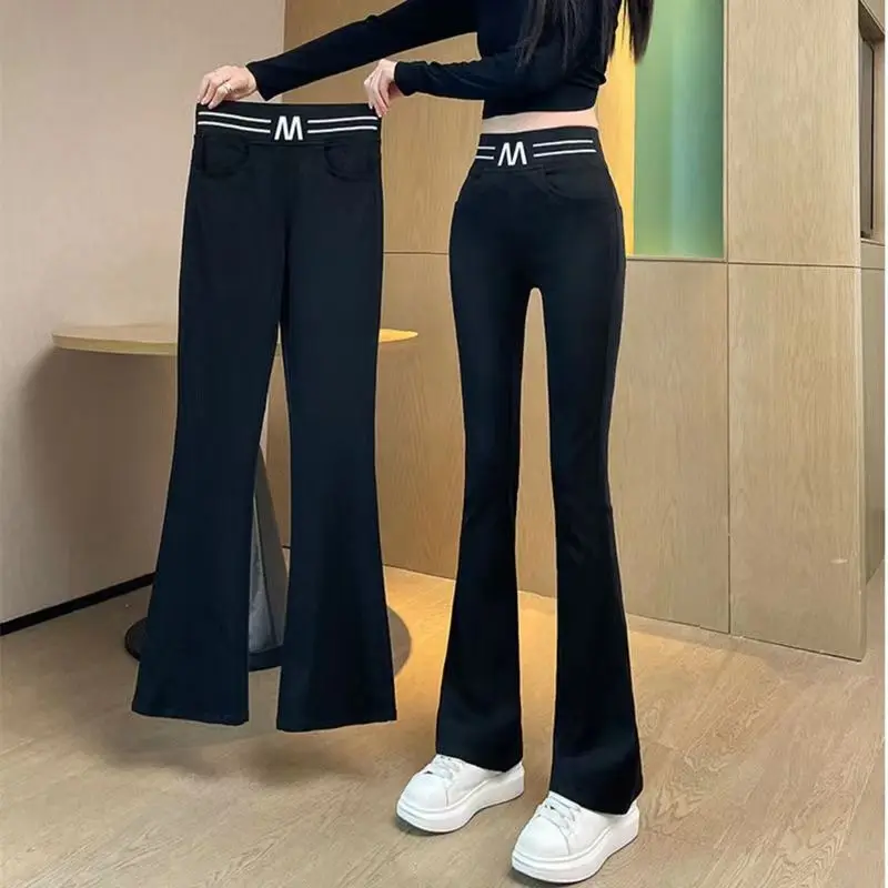 Summer New Korean Fashion Simple Flare Pans Women Solid Elastic High Waist Patchwork Pockets Slim Versatile Straight Trousers