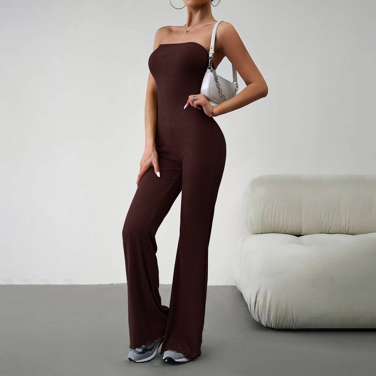 High Quality Women's Clothing Autumn Winter 2024 Elegant Slim Fitting Sexy Strapless Jumpsuit with Waistband Open Back Pants Y2k