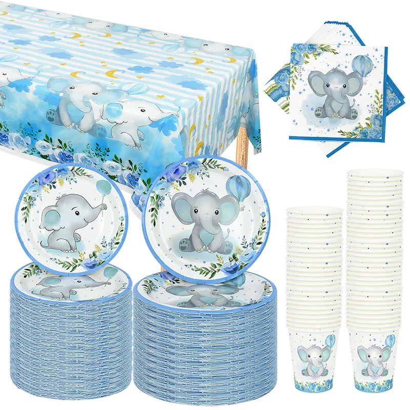Blue Baby Elephant Disposable Tableware Tablecloth Paper Plate