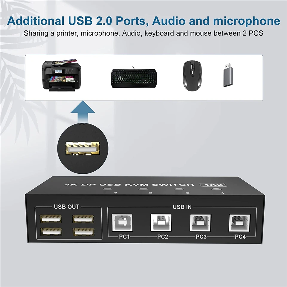 4 포트 HDMI KVM 스위치 4X2 듀얼 모니터 4K @ 60Hz 확장 디스플레이 DP USB KVM 스위치 4 인 2, 4 PC 공유 키보드 마우스