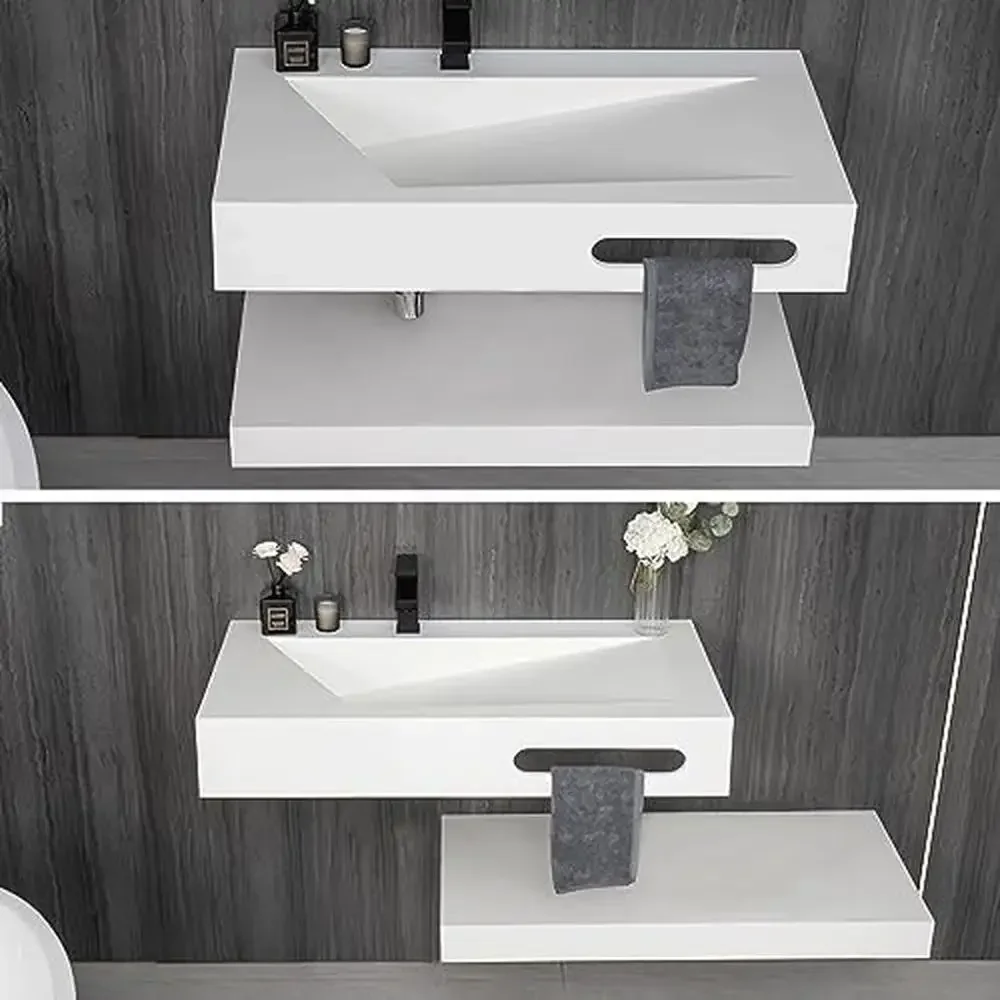 Rectangular Bathroom Vanity Sink Stone Resin Floating Shelf Matte White Trough 32x19