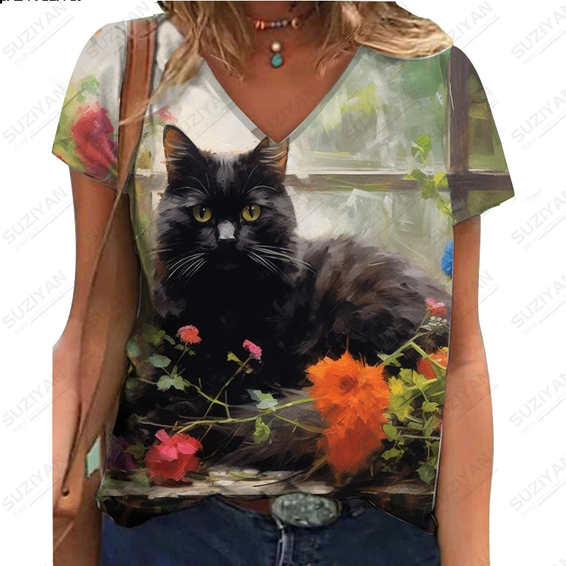 

2023 New Loose V-neck T-shirt Summer Illustration Style Cat Print T-shirt Harajuku Short Sleeve T-shirt Fashion Casual T-shirt