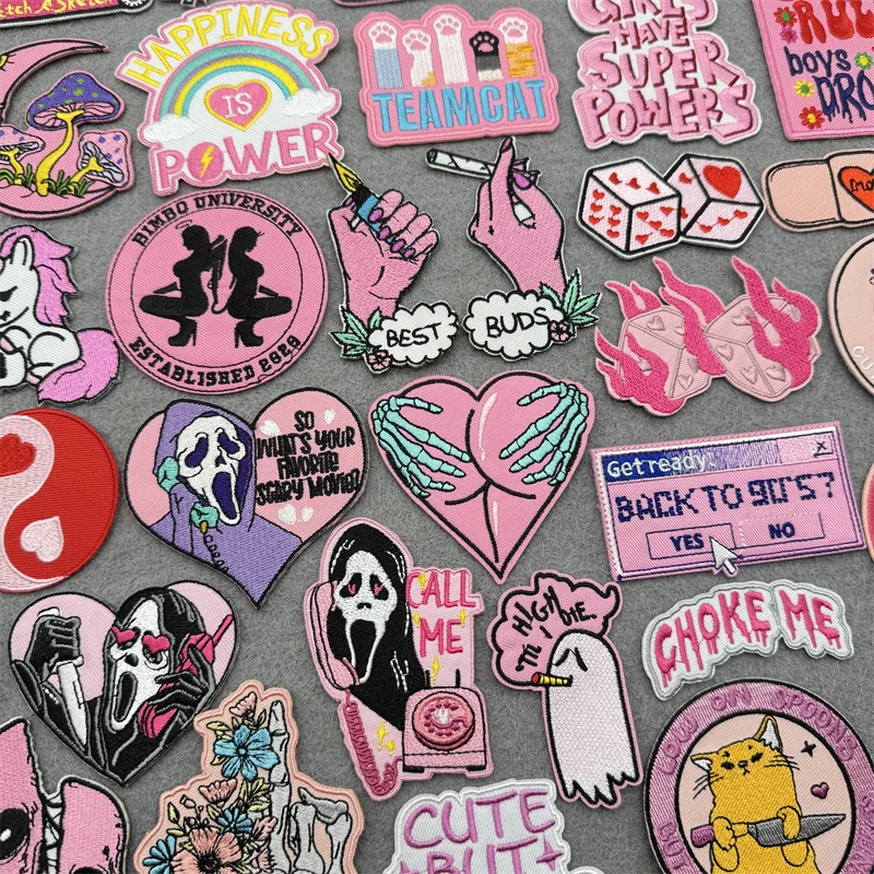 Goth punk iron-on quote patches – embroidered designs with edgy slogans and horror themes