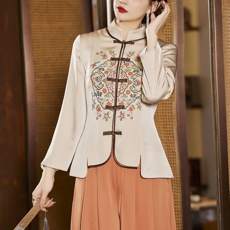

Tang women Chinese style modified cheongsam 2023 autumn China-Chic tea dress daily Chinese retro cardigan blouse female top