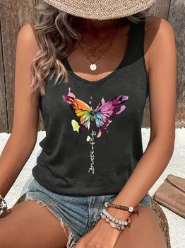 Colorful butterfly Print Women Tank Top Sleeveless Casual Summer New Crew Neck Tops for Women Clothes 1