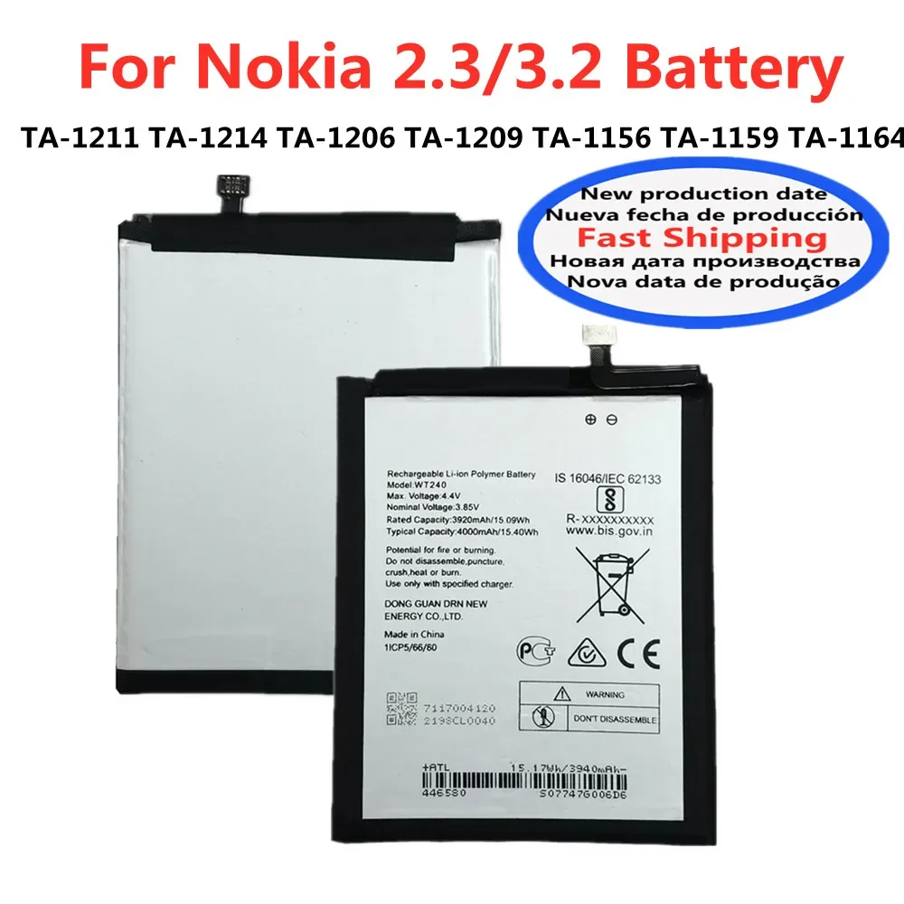 Оригинальный аккумулятор WT240 на 4000 мА · ч для Nokia 3,2/2,3 TA-1211 TA-1214 TA-1206 TA-1209 TA-1156 TA 1159 1164 аккумулятор для телефона