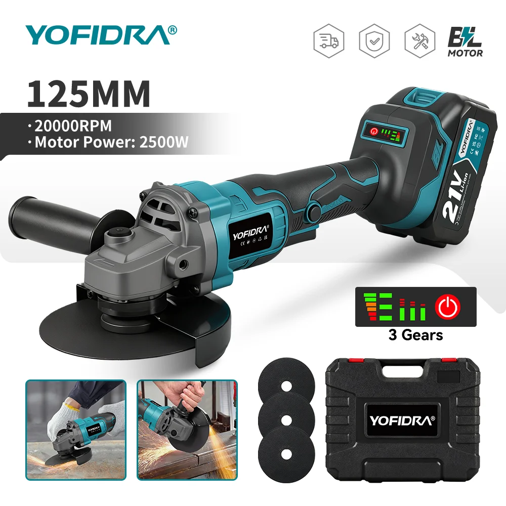 YOFIDRA 125mm meuleuse d'angle sans brosse 3 vitesses rectifieuse sans fil coupe outil électrique pour le travail du bois pour broche de batterie Makita
