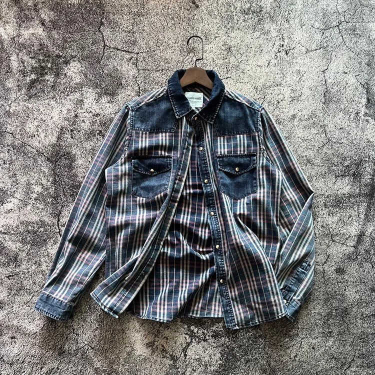 American Vintage Casual Colors Striped Patchwork Denim Shirts for Men Stylish Spring Autumn Clothes Y2k Youth Male Tops