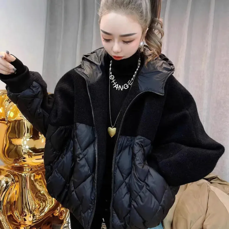 2023 여성용 다운 코튼 패딩 재킷, 짧은 다이아몬드 격자 박쥐 소매 울 스펠 따뜻한 파커 코트, 가을 겨울 신상 