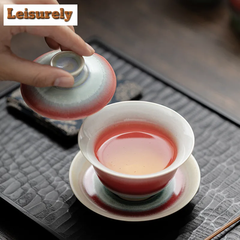 150ml Aurora Kiln Change Gaiwan Creative Red Green Glaze Sopera Cup Saucer Tea Tureen Tea Brewing Cover Bowl Cha Supplies Craft